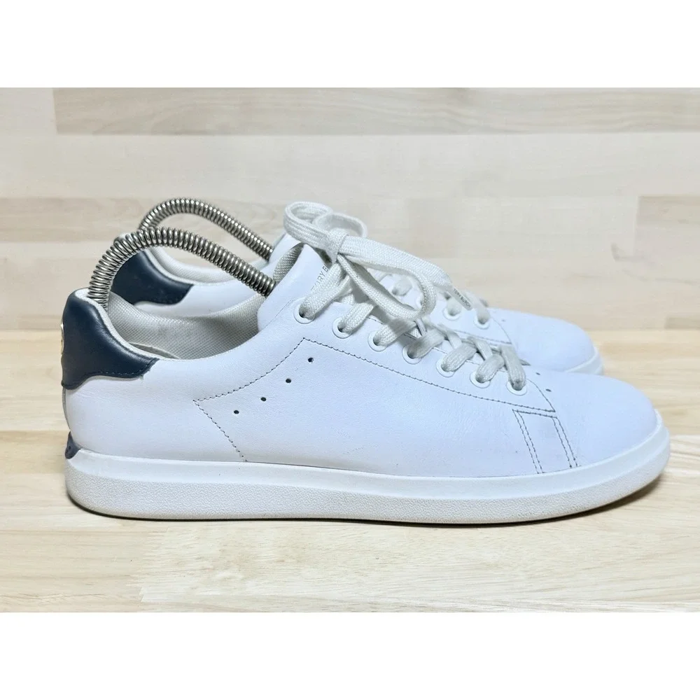 Tory Burch Howell Court Sneakers Womens 8 White Leather Navy Gold Logo 73057